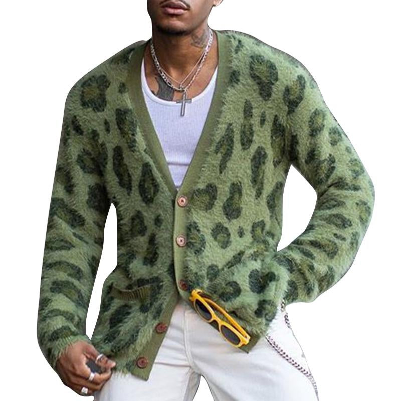 Men's Vintage Leopard V-Neck Single-Breasted Cardigan 03568715Y