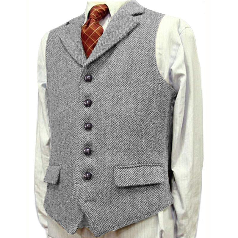 Men's Vintage Lapel Herringbone Single Breasted Suit Vest 96979880M