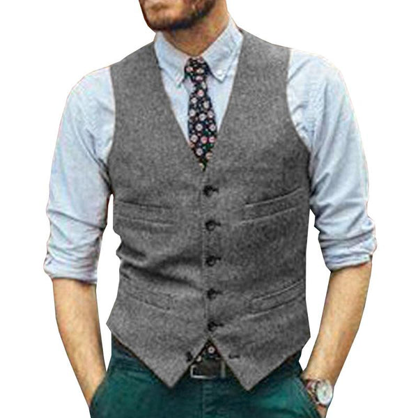 Men's Vintage Solid Color V-Neck Single-Breasted Slim Fit Vest 00171886M