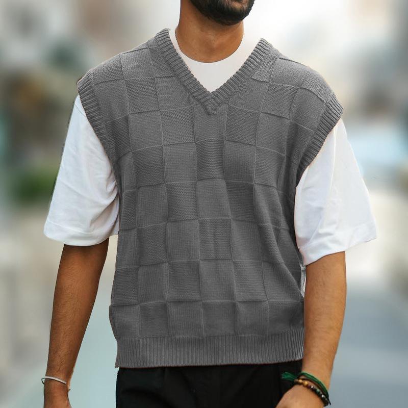 Men's Casual Solid Color Plaid Jacquard V-Neck Sleeveless Knitted Pullover Vest 83772966Y