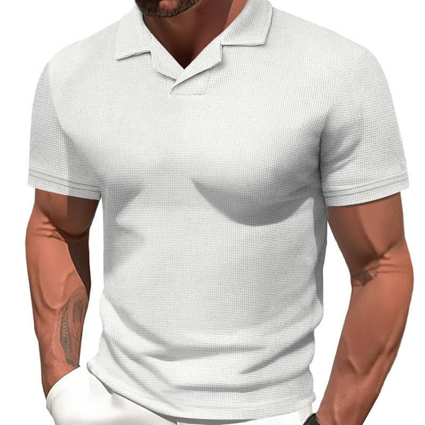 Men's Casual Solid Color Waffle Lapel Short Sleeve Polo Shirt 36423876M