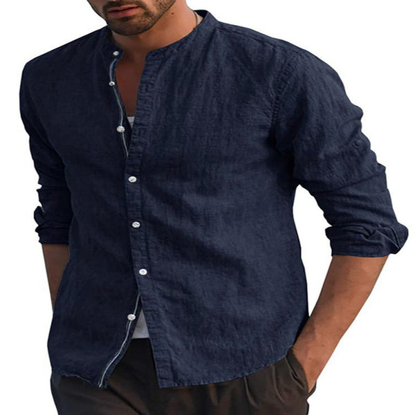 Men's Casual Long Sleeve Shirt Solid Color Simple Loose Stand Collar Shirt 55411530X