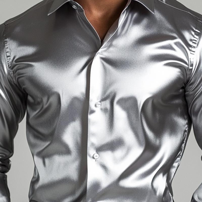 Men's Vintage Silver Satin Loose Long Sleeve Shirt 27737090U