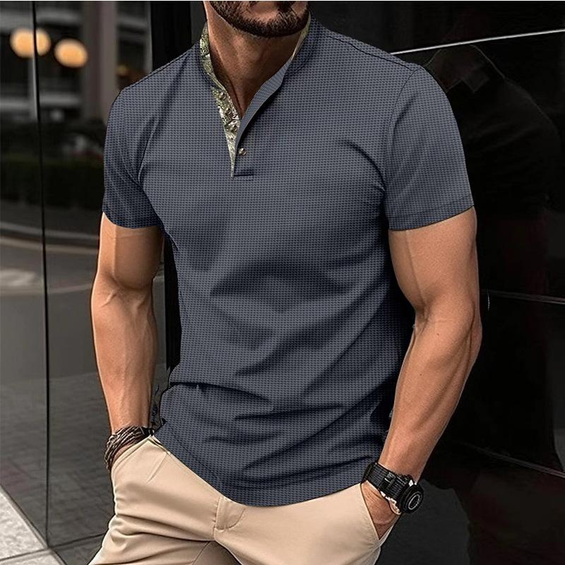 Men's Solid Color Waffle Stand Collar Short Sleeve  Shirt 29674838X