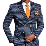 Men's Vintage Vertical Stripe Print Peak Collar Double Breasted Blazer 12346755Y