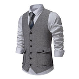Men's Vintage V-Neck Single Breasted Patch Pocket Suit Vest (Shirt and Tie Excluded) 02085676M