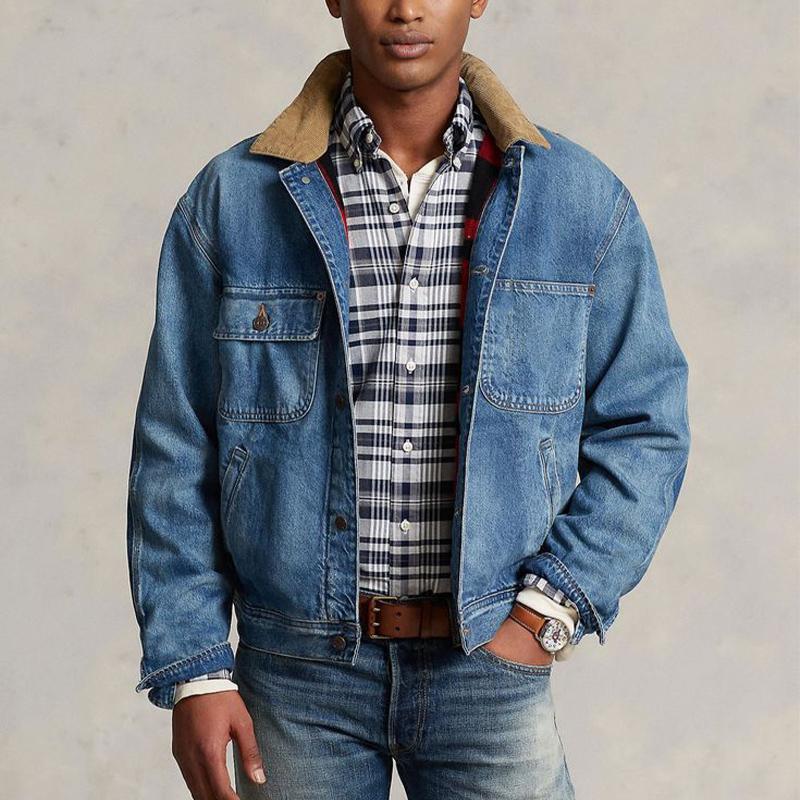 Men's Washed Denim Jacket with Paneled Jacket 86404396U