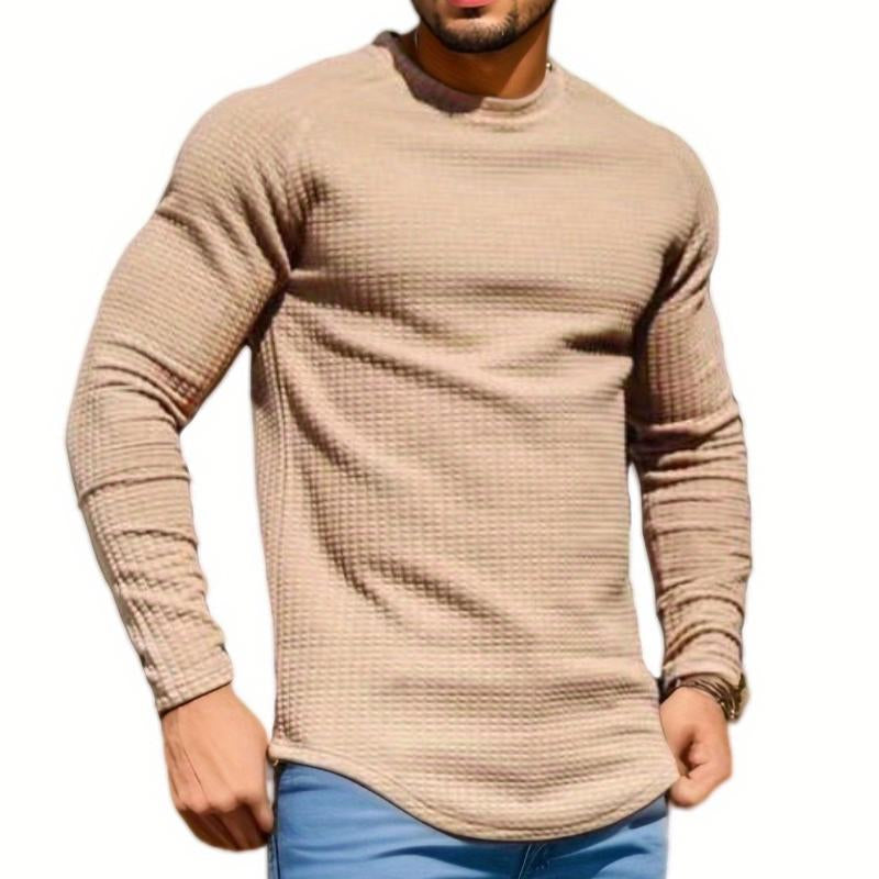 Men's Casual Solid Color Waffle Round Neck Long Sleeve T-Shirt 26370676Y