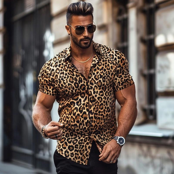 Men's Casual Cotton Blended Leopard Print Lapel Short Sleeve Shirt 17580047M
