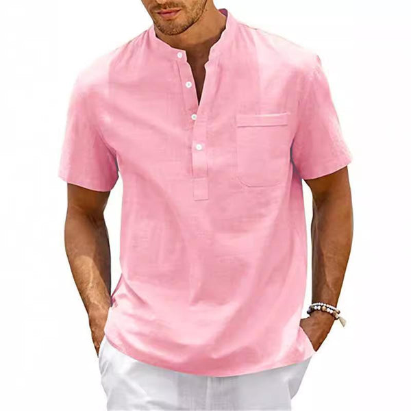 Men's Casual Cotton Linen Stand Collar Patch Pocket Short Sleeve Shirt 03956727M