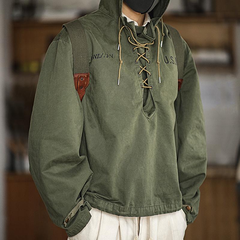 Men'S Vintage Solid Color Strap Cargo Hooded Sweatshirt 87330442Y