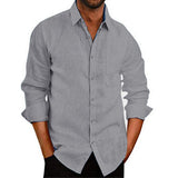 Men's Casual Lapel Solid Color Linen Loose Long Sleeve Shirt 74524458M
