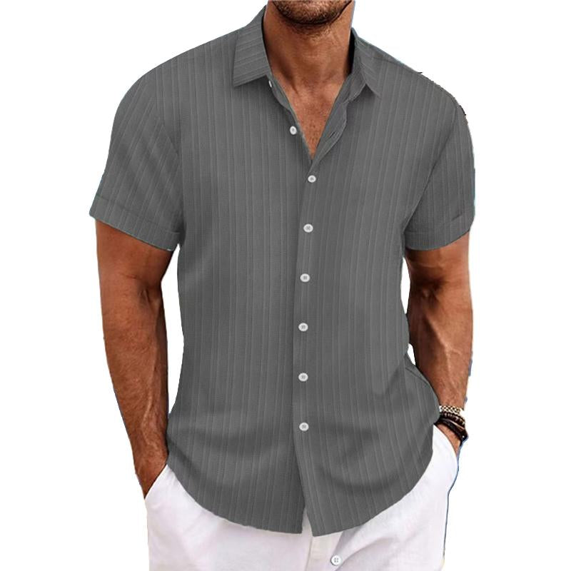 Camisa de hombre de lino y algodón con estampado de rayas, manga corta, suelta y solapa 89995369X