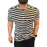 Men's Casual Striped Henley Collar Patch Pocket Short Sleeve T-Shirt 97299100M
