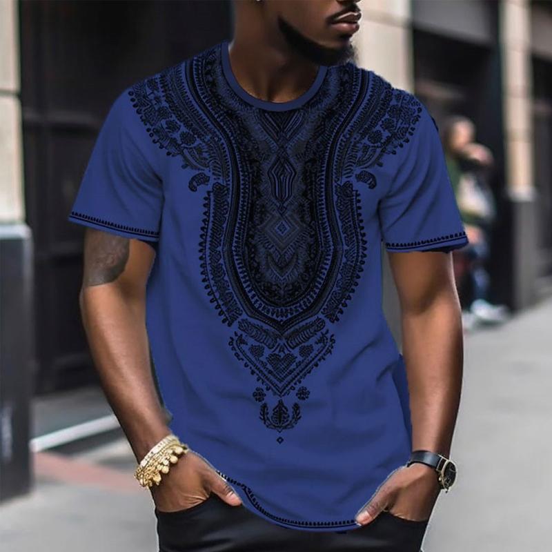 Men's Color Block Print Round Neck Short Sleeve T-Shirt 87631709X