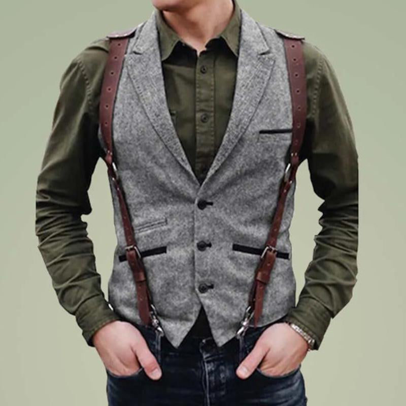 Men's Vintage Lapel Single-Breasted Multi-pocket Herringbone Vest 59356841M