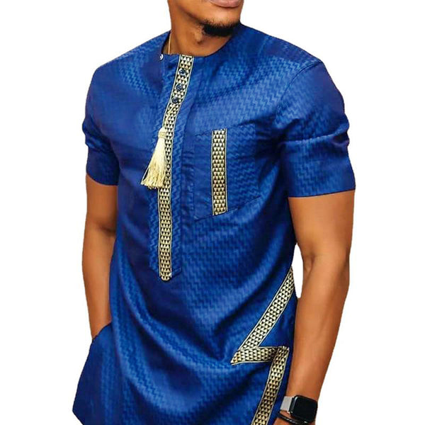 Men's Casual Ethnic Print Paneled Round Neck Short Sleeve Shirt 44401733Y