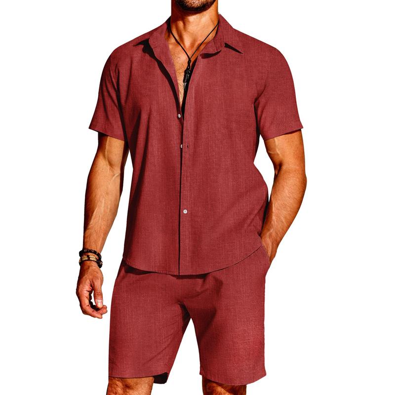 Men's Hawaiian Cotton and Linen Short-sleeved Shorts Two-piece Set 98525502X