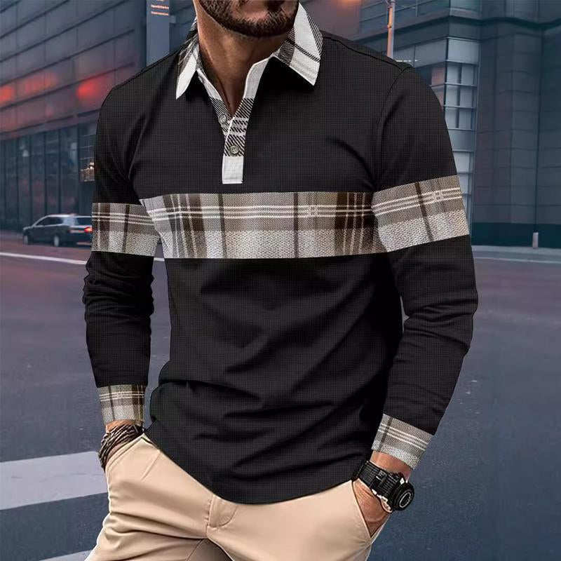 Lässiges Langarm-Poloshirt mit Waffelmuster und Farbblockdesign für Herren 69839900X