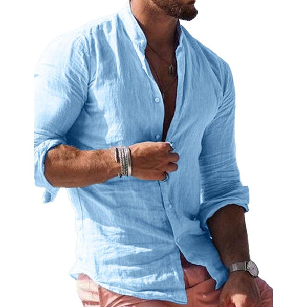 Men's Casual Stand Collar Single Breasted Solid Color Long Sleeve Shirt 86159007M