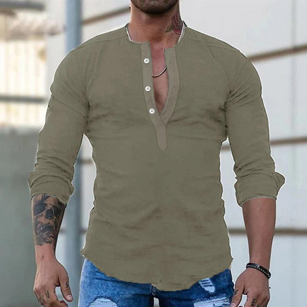 Men's Casual Linen Collarless Solid Color Long Sleeve Shirt 03103414M