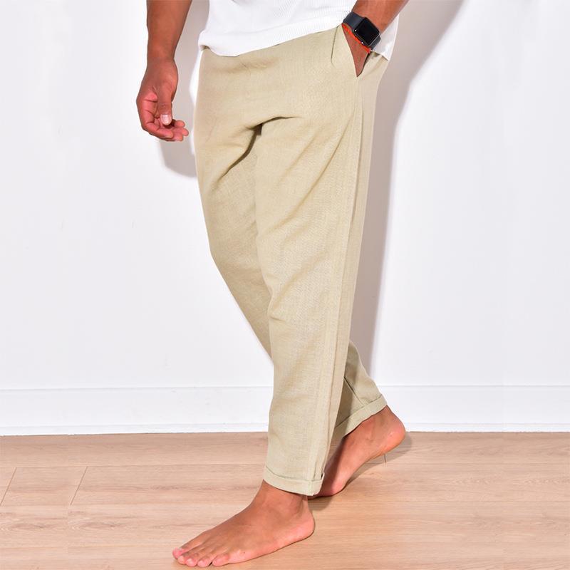 Men's Solid Loose Elastic Waist Cotton Linen Trousers 87857473Z