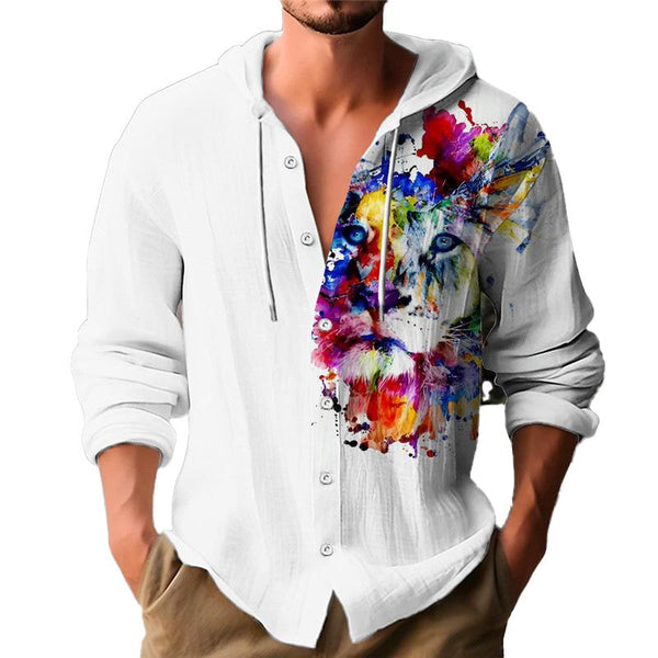 Men's Casual Animal Print Hooded Long Sleeve Shirt 82659035Y