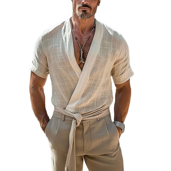 Men's Cotton And Linen Deep V-Neck Short-Sleeved Shirt 06219892Y
