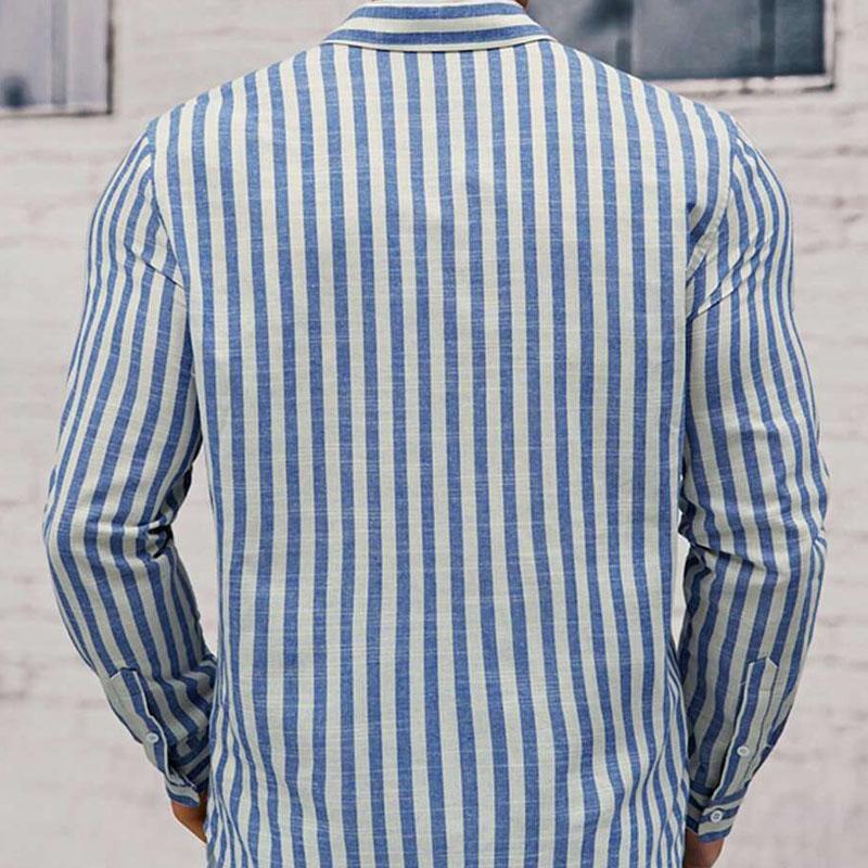 Men's Cotton and Linen Striped Lapel Long-sleeved Shirt 10240981X