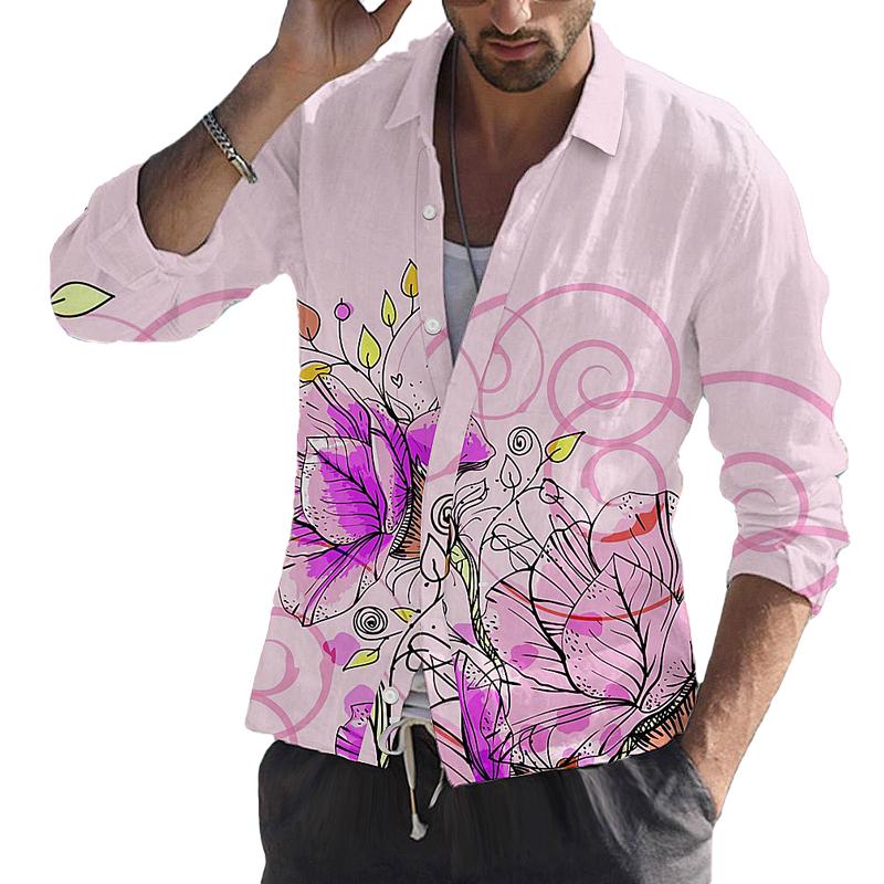 Men's Casual Floral Print Long Sleeve Lapel Shirt 74100382X