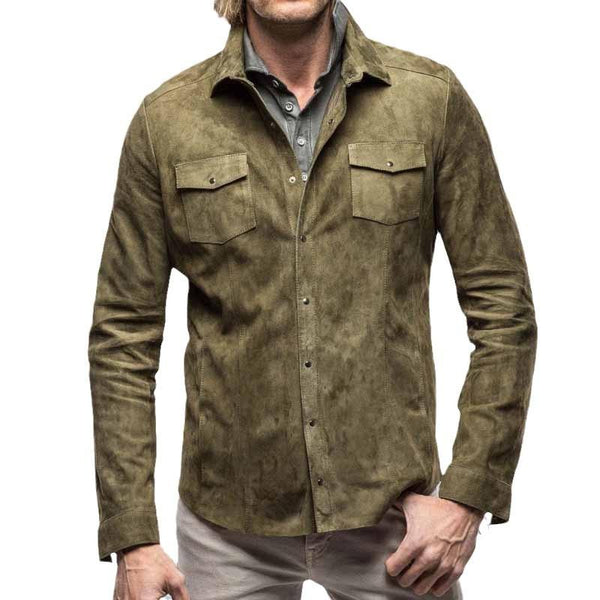 Men's Solid Color Suede Lapel Long Sleeve Shirt Jacket 61391775Z