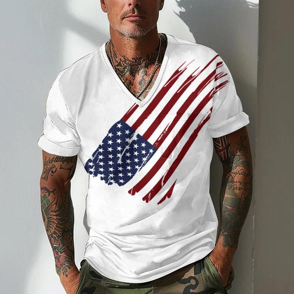 Men's V-neck Flag Print Casual Short-sleeved T-shirt 72881804X