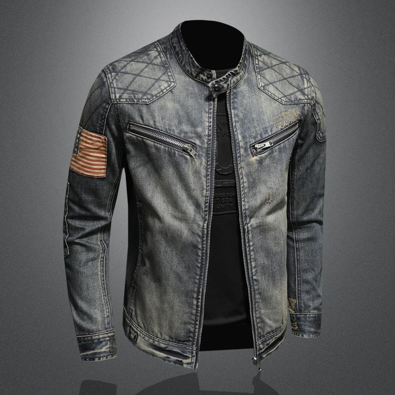 Men's Vintage Stand Collar Zippered Motorcycle Denim Jacket 20754326M