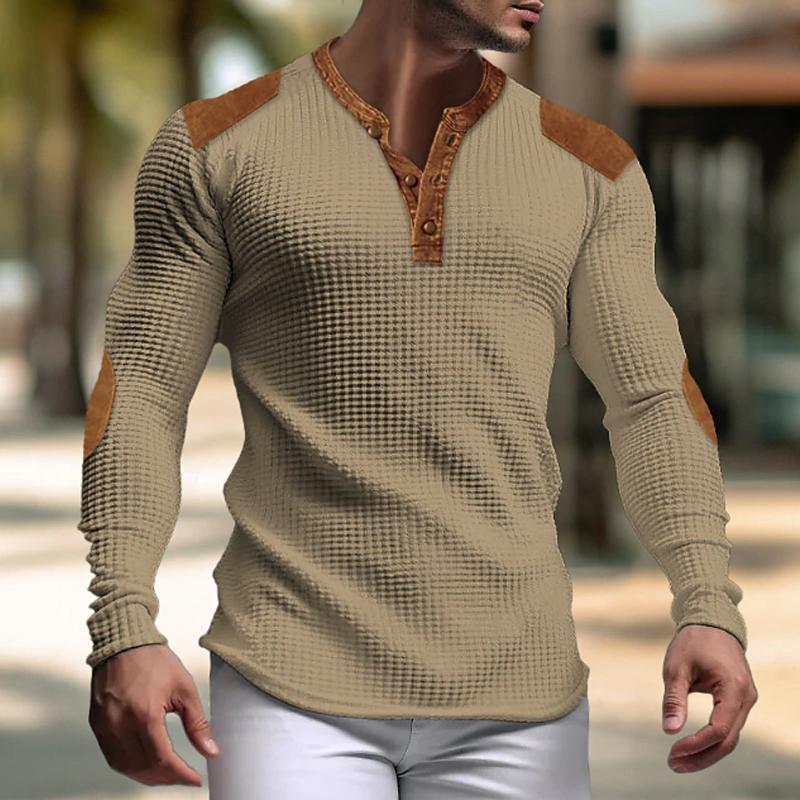 Men's Casual Colorblock Waffle Henley Neck Long Sleeve T-Shirt 47730288Y