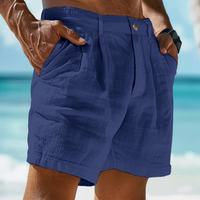 Men's Linen Solid Color Summer Shorts Beach Shorts 61078937X