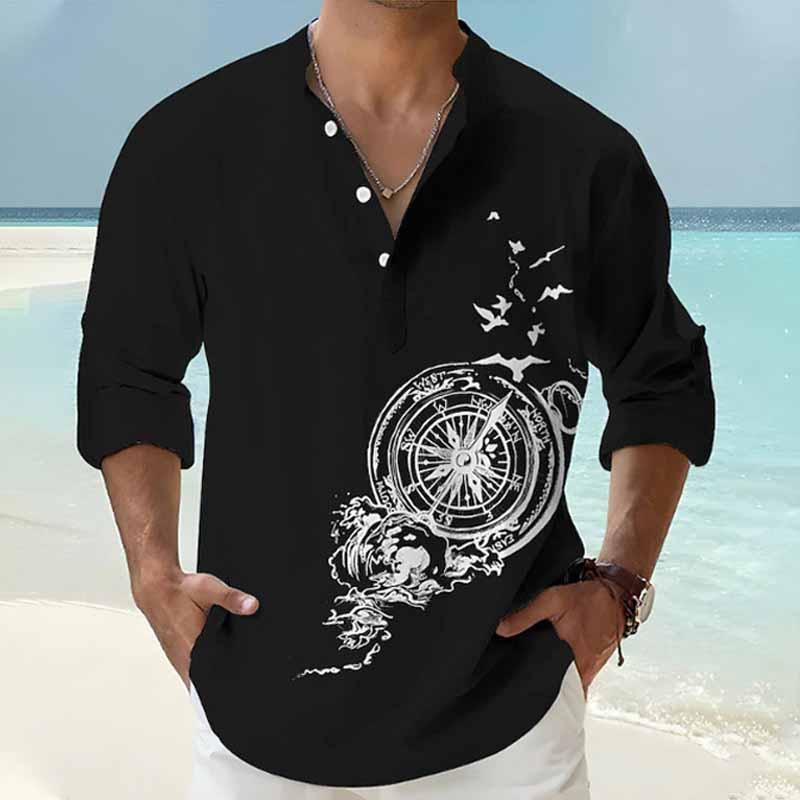 Men's Beach Vacation Print Long Sleeve Stand Collar Shirt 95192014X