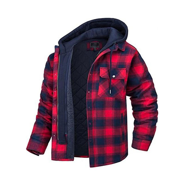 Men's Classic Casual Hood With Detachable Thick Cotton Plaid Zipper Hooded Jacket 72118581K