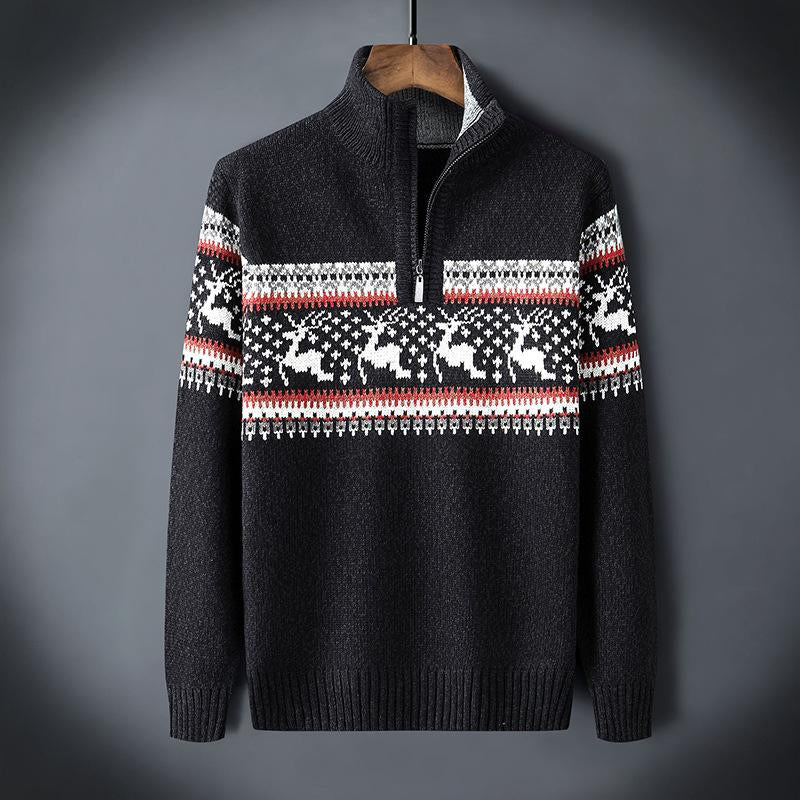 Men's Vintage Christmas Jacquard Zip Stand Collar Sweater 53613579Y