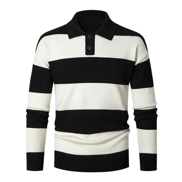 Men's Casual Contrast Color Striped Polo Collar Long Sleeve Loose Sweater 13307346M
