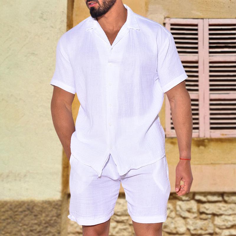 Men's Casual Solid Color Loose Short-sleeved Shorts Cotton and Linen Two-piece Set 91311528X