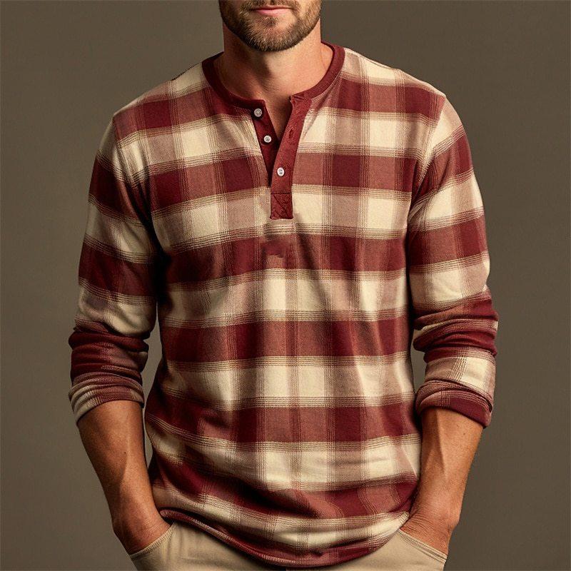 Men's Casual Check Print Henley Collar Long Sleeve T-Shirt 84040606Y
