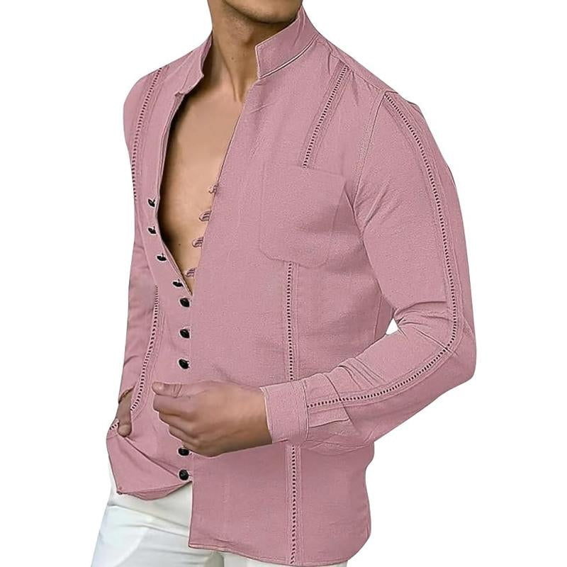 Men's Casual Solid Color Linen Stand-Up Collar Buttoned Long-Sleeved Shirt 15650253M