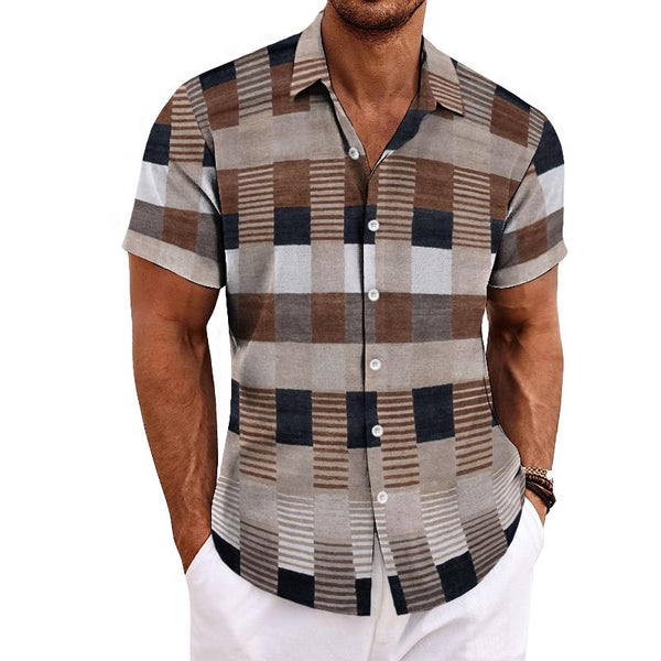 Men's Casual Plaid Lapel Short Sleeve Shirt 62505731TO