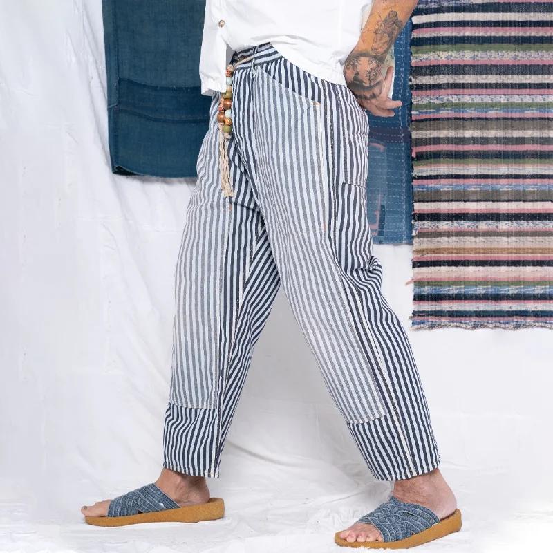 Men's Cotton And Linen Striped Patchwork Straight Pants 68495181Y