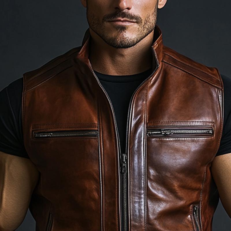 Men's Vintage Stand Collar Zipper Leather Vest 16958438U