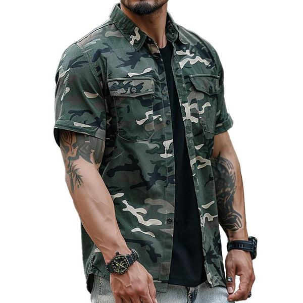 Men's Casual Outdoor Camouflage Lapel Flap Pocket Short Sleeve Cargo Shirt 62878988M