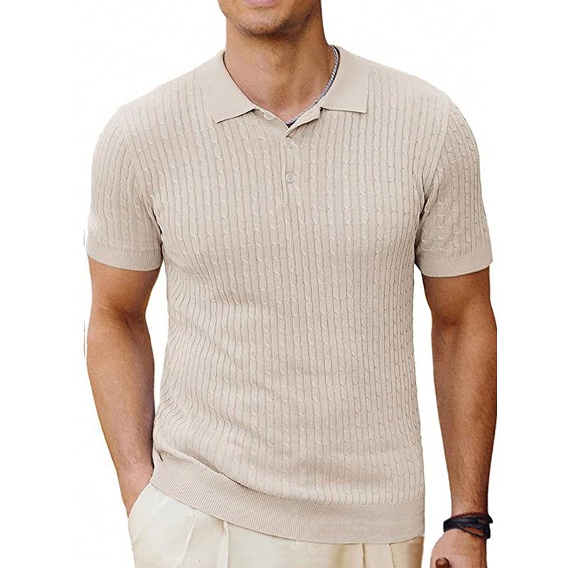 Men's Casual Solid Color Cable Knitted Short-Sleeved Polo Shirt 76426643Y