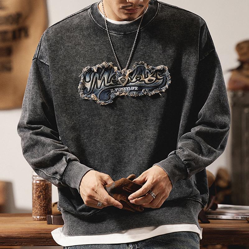 Men's Washed Distressed Denim Embroidered Sweatshirt 38460063U