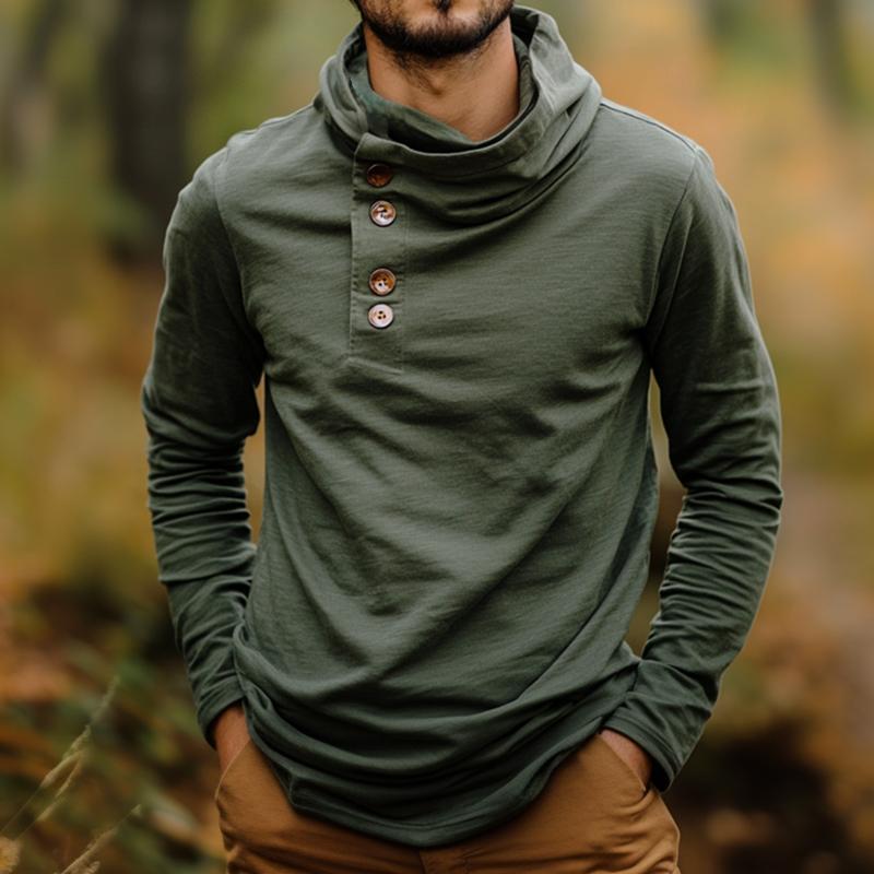 Men's Retro Casual Button Hooded Long Sleeve T-Shirt 69006680TO