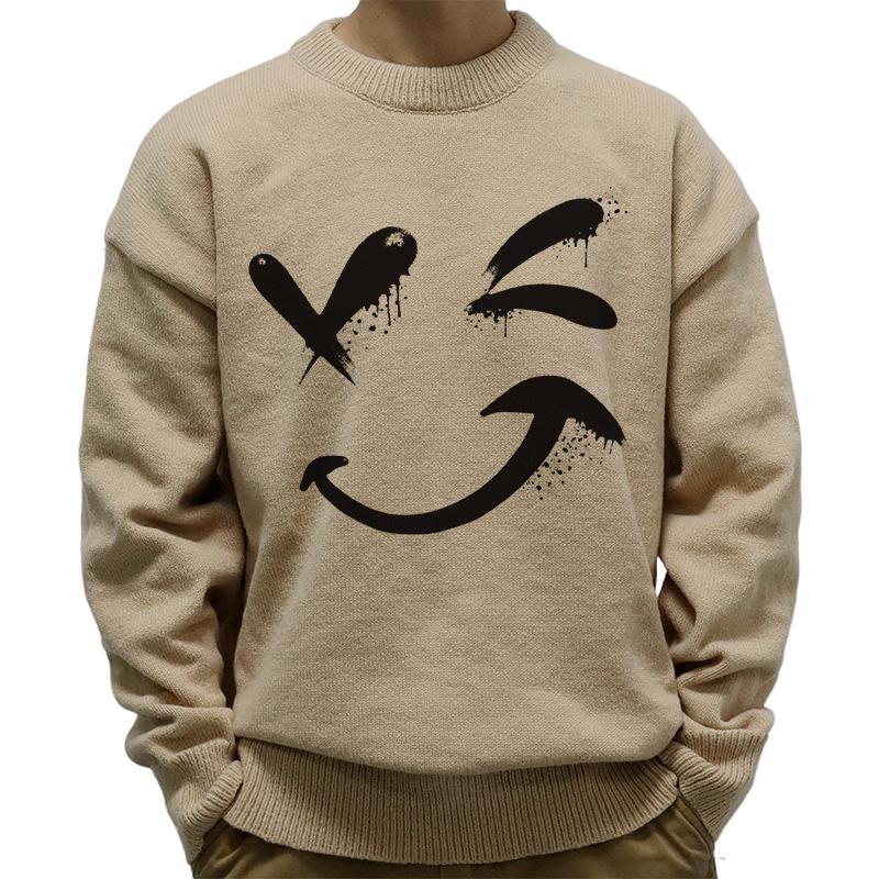 Men's Casual Round Neck Smiley Print Long Sleeve Pullover Sweater 07623178M
